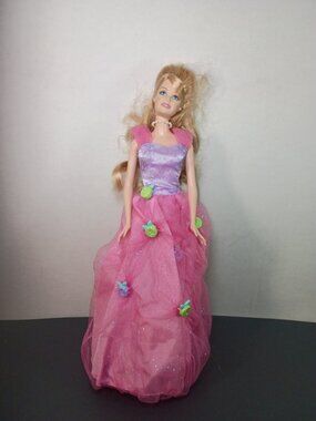 Happy Birthday Barbie Doll 2002 2003 Blonde with Pink Purple frilly dress Roses